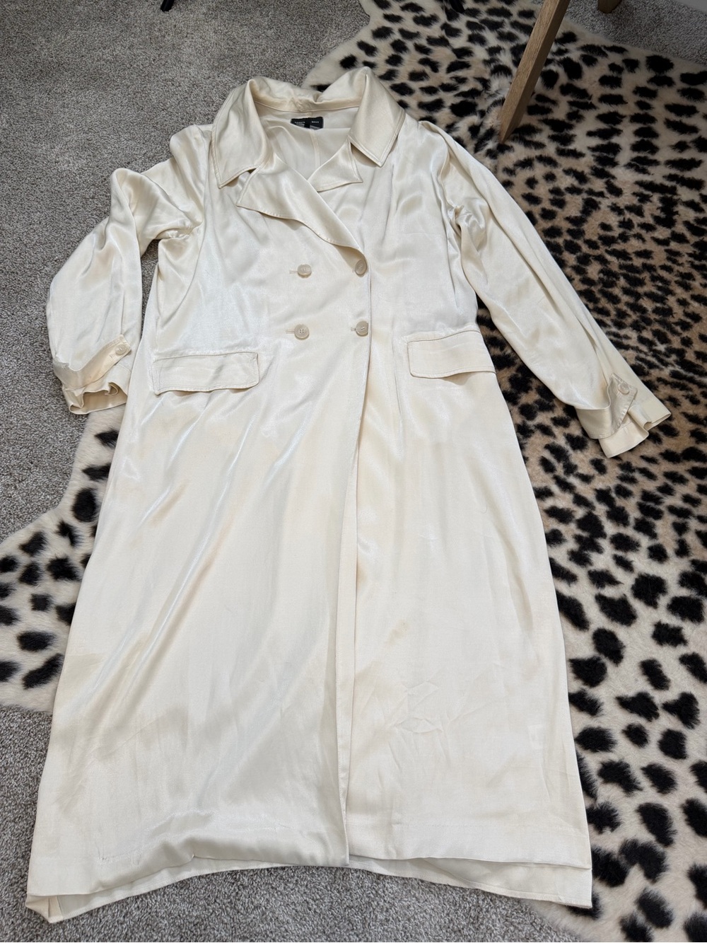 Something Navy Ivory Satin Spring Double-Breasted Duster Runway Trench Size L